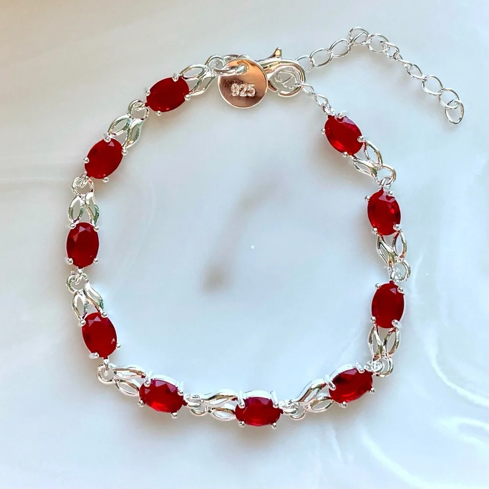 Silver Red Oval Gemstone Bracelet